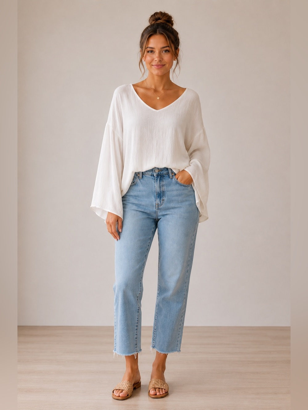 White V-Neck Gauze Blouse